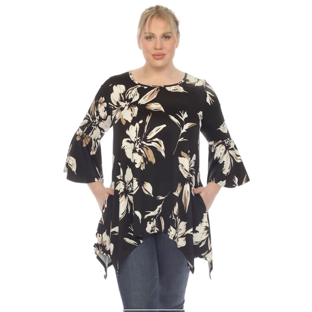 🍒White Mark Black and Cream Floral Tunic size 2XL NWT..